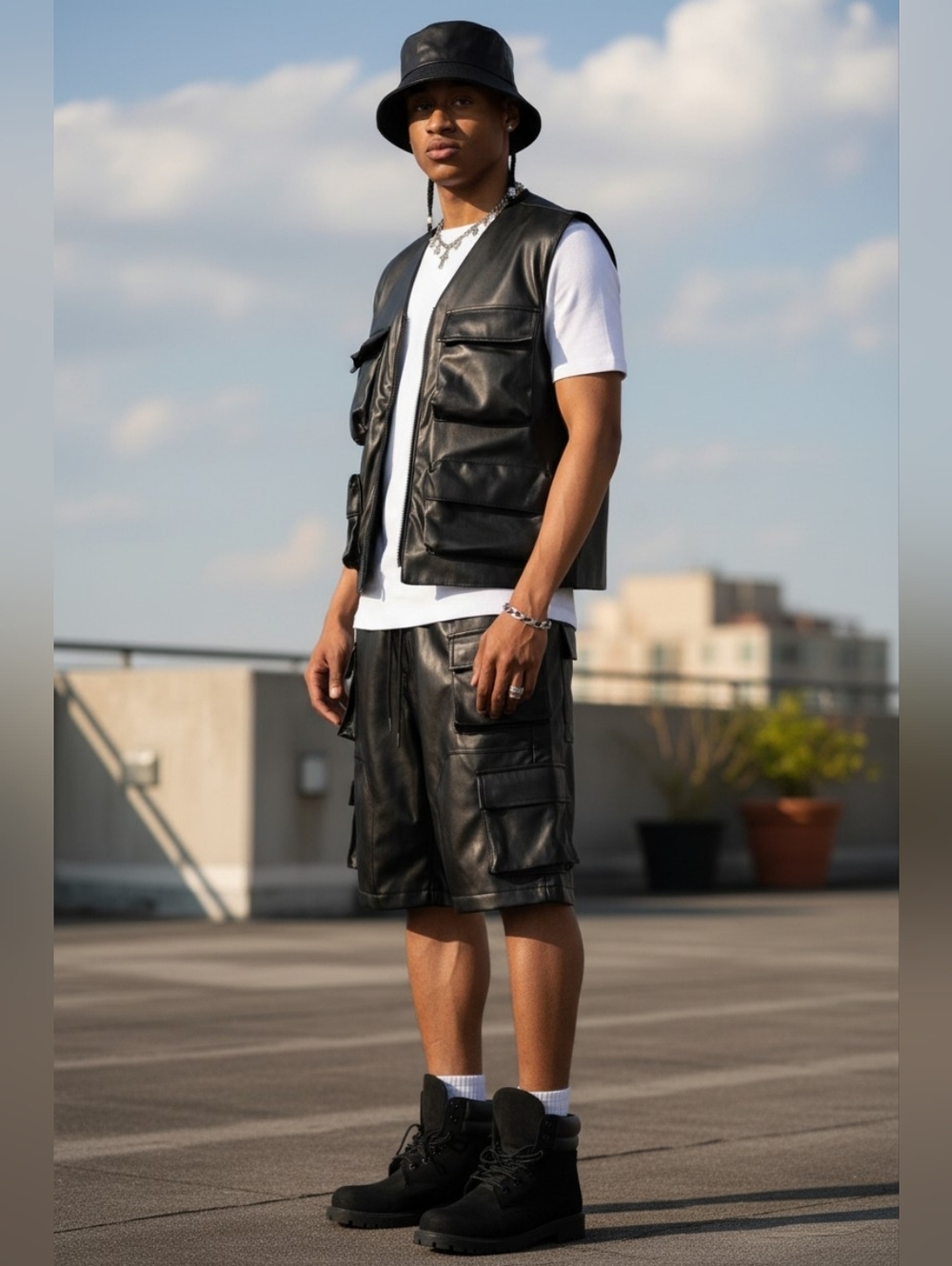 Black Faux Leather Pull On Cargo Shorts, Nwot, MEDIUM